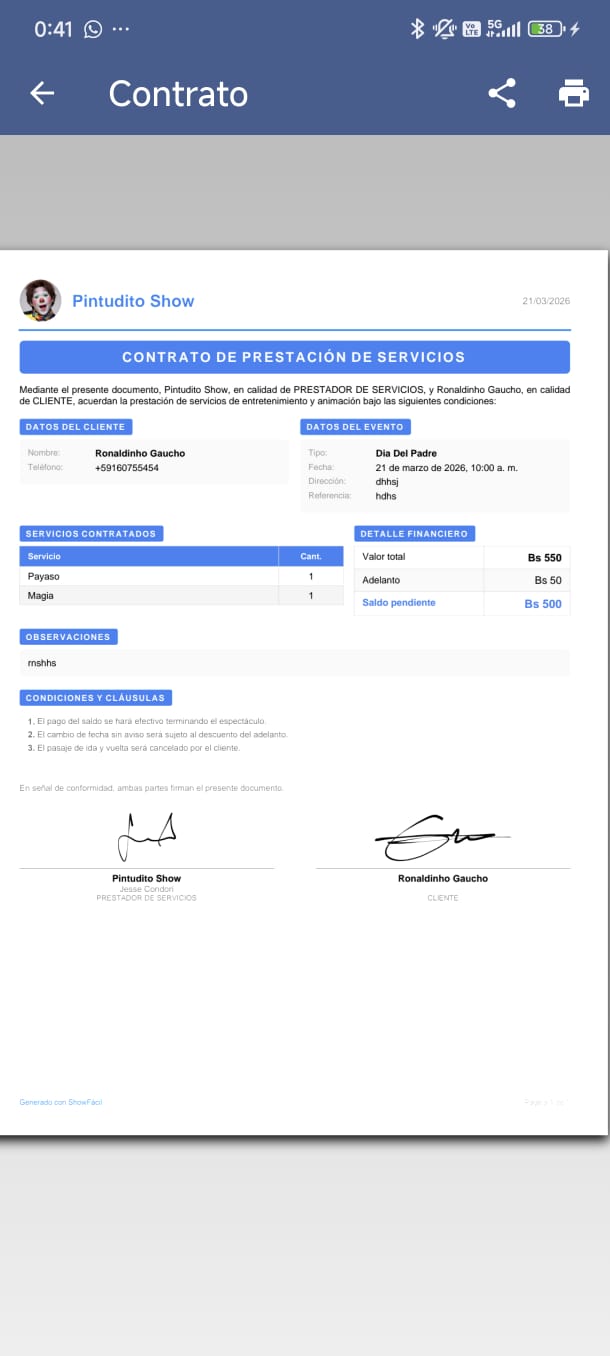 Pantalla de contrato PDF en ShowF&aacute;cil
